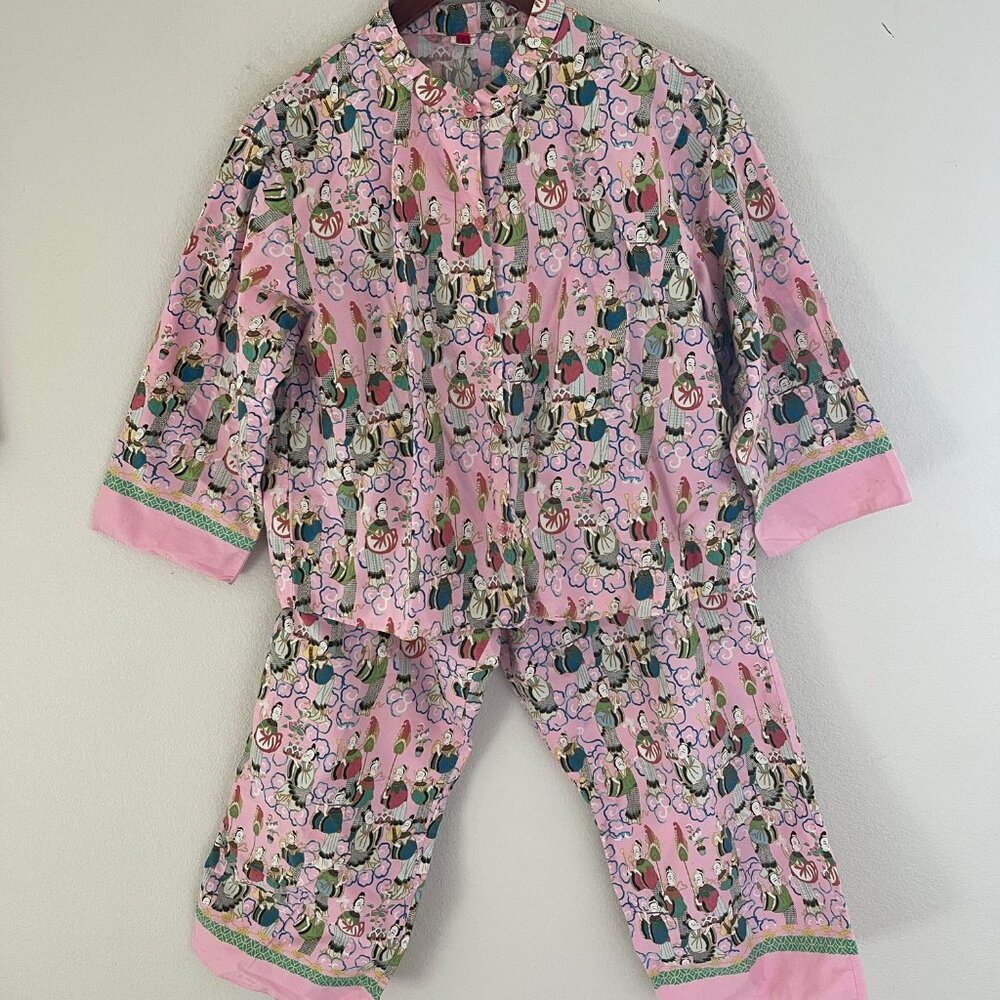 NATORI "Josie" Pink Japanese Print 100% Cotton Ankle Length PJ Set; Size Medium